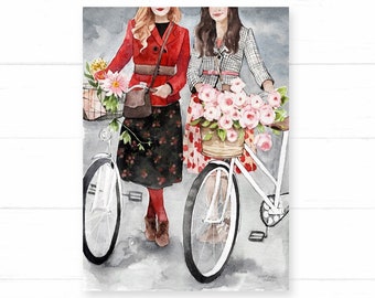 Best Friends Bike Art - Sisters Art - Watercolor Painting Print