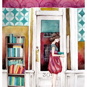 The Reader Bookstore Library Student Watercolor Print Bild 1