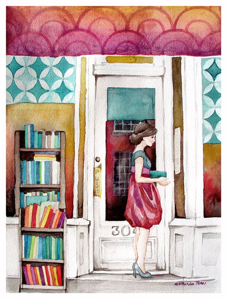 The Reader Bookstore Library Student Watercolor Print Bild 1