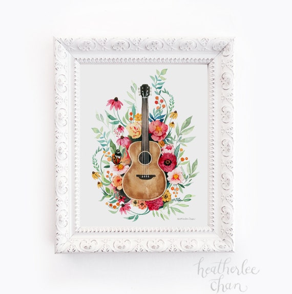 珍しい Art Flowers and Guitar - UK Etsy - Watercolor アート・デザイン・音楽
