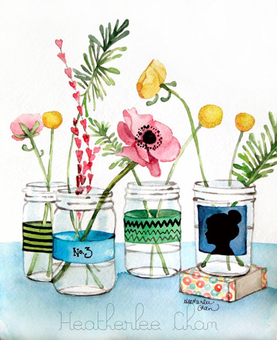 Flowers in Mason Jar Painting Watercolor Print Etsy