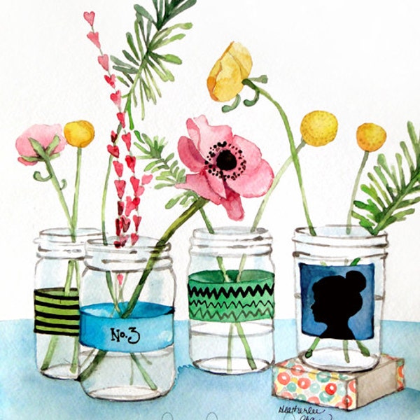 Flowers in Mason Jar Painting -  Watercolor Print