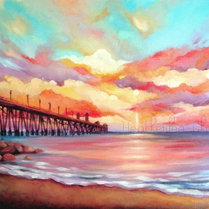 May include: A painting of a wooden pier extending into a body of water with a colorful sunset sky. The water is a light blue and pink color, and the sky is a mix of pink, orange, and yellow. The pier is brown and has several lights on it. The painting is signed "Heatherlee Dawn" in the lower right corner.