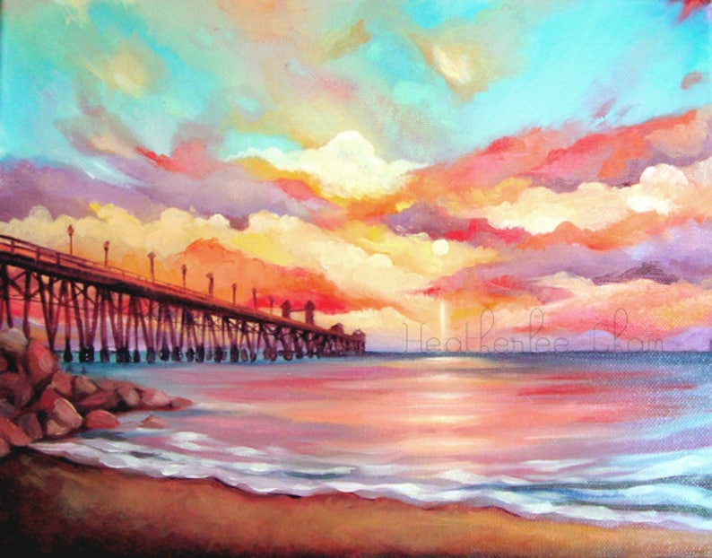 Beach Painting Sunset Landscape Oil Print image 1