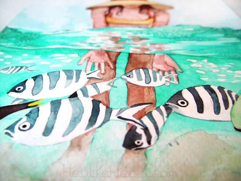 Tropical Fish and Girl Swimming Watercolor Painting Print image 3