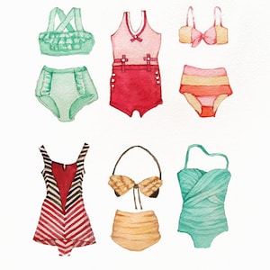 May include: Six watercolor illustrations of vintage swimsuit styles. The illustrations feature a variety of colors and patterns, including red, pink, green, yellow, and brown. The illustrations are all in a similar style, with a simple, elegant design.