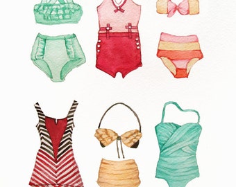 Vintage Bathing Suits Painting Watercolor Print- Beach - Ocean - Sea- Red Green Turquoise Yellow