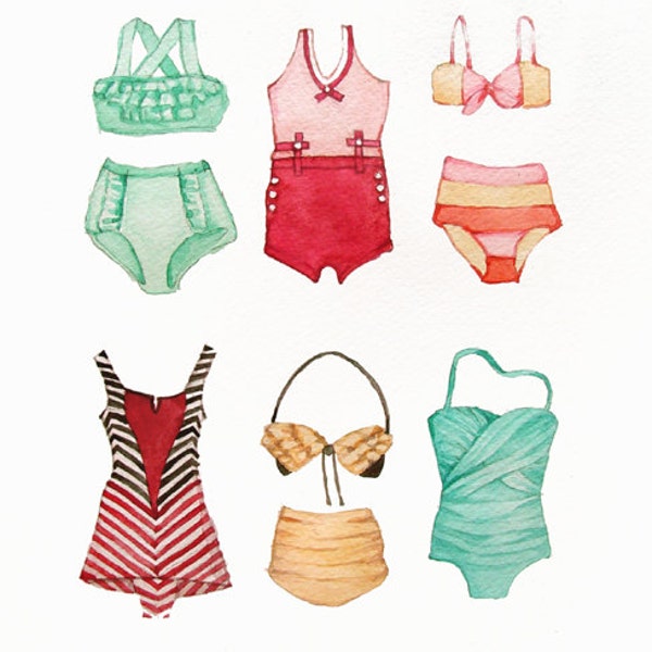 Vintage Bathing Suits Painting Watercolor Print- Beach - Ocean - Sea- Red Green Turquoise Yellow