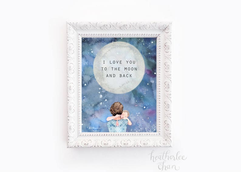 Mother's Day Art Mother and Child I love you to the moon and back image 2