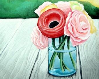 Flowers in a Mason Jar - Painting Print