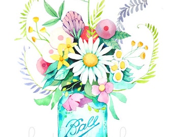 Mason Jar and Flowers Painting -  Watercolor Print