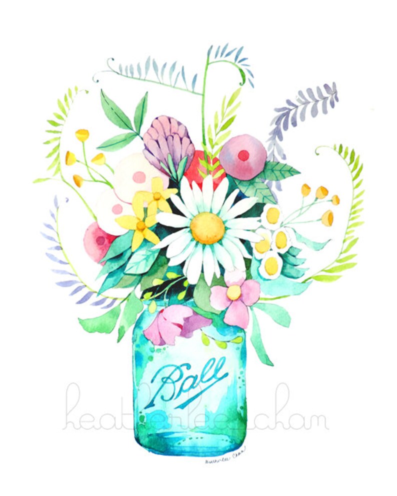 Mason Jar and Flowers Painting Watercolor Print Etsy