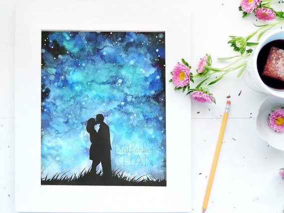 Ciel étoilé Et Les Amoureux Aquarelle Peinture Impression Dart