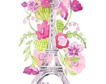 Eiffel Tower Watercolor - Paris - Flowers - Nursery - Painting Print