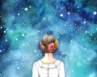 Starry Night Sky and Girl Art - Watercolor Print