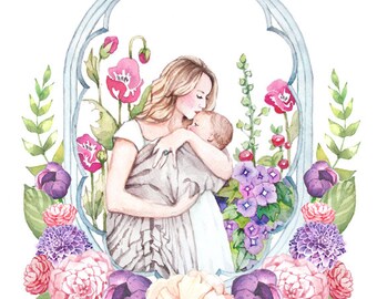 Mother and Child with Flowers - Watercolor Print