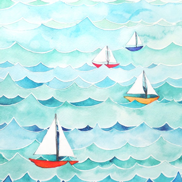 Sailboats with Waves Watercolor Painting Print