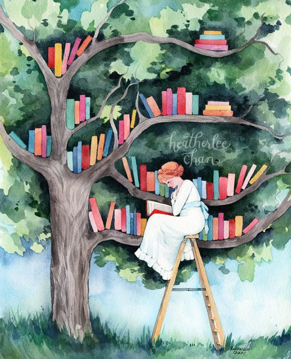 The Reader and the Tree Library Watercolor Art Print 