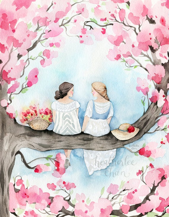 絵画 Friendship Best Friend Art - Sisters in a Cherry Blossom Tree - Watercolor