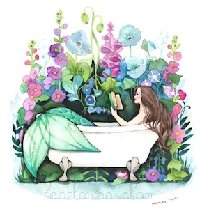 Mermaid Art - Reading in Bathtub - Watercolor Print