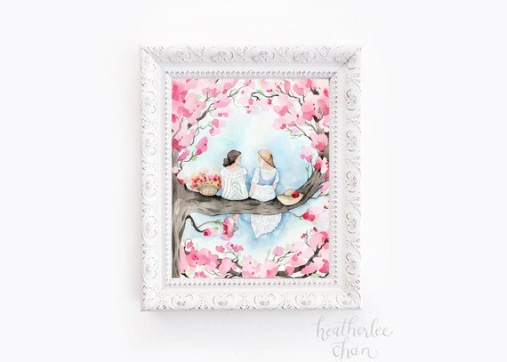 Best Friend Art - Sisters in a Cherry Blossom Tree - Watercolor