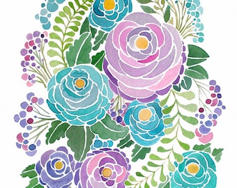 Watercolor Flowers - Purple and Blue - Painting Print