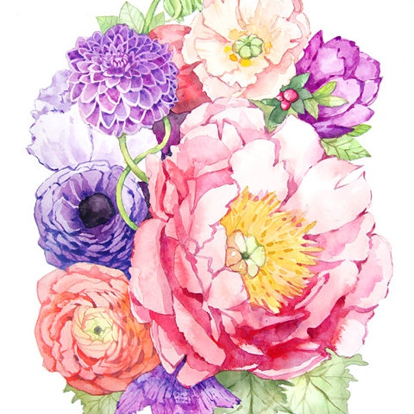 Peony Watercolor- Flower Art Painting - Pink Purple - Print