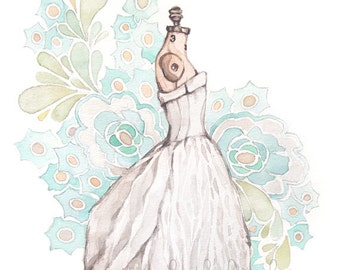 Vintage White Dress - Watercolor Print