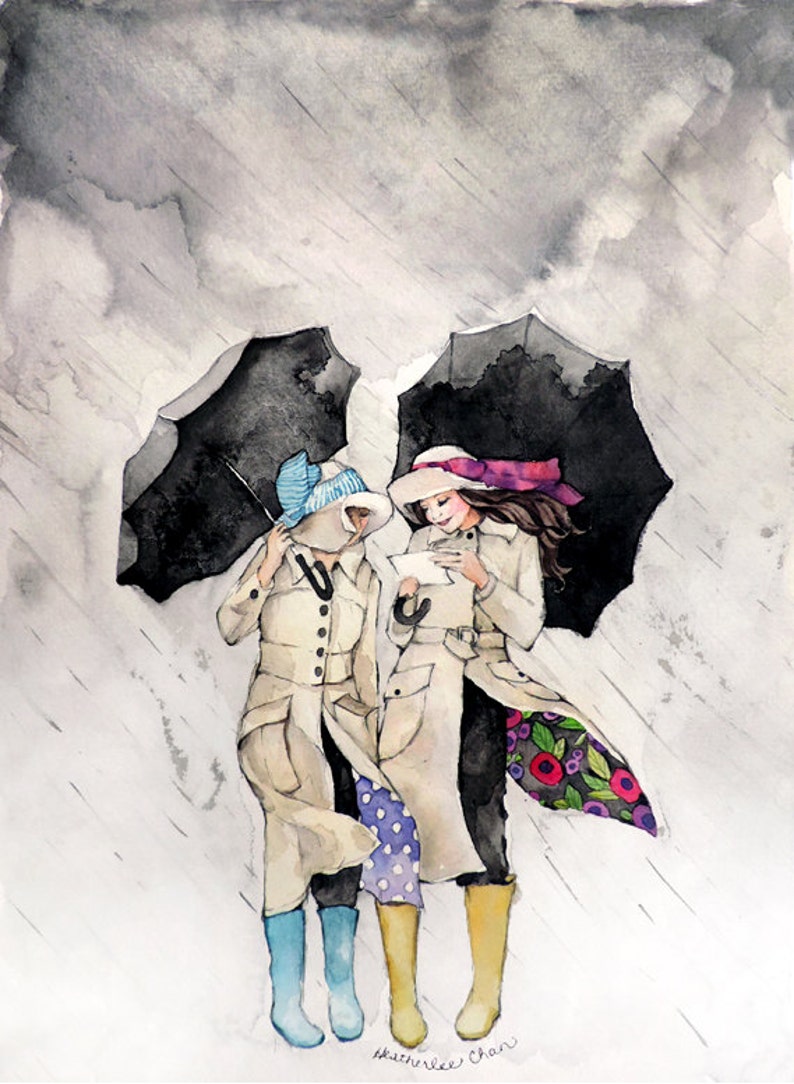 Best Friends Art Sisters Art Umbrellas and Rain Watercolor Print image 1