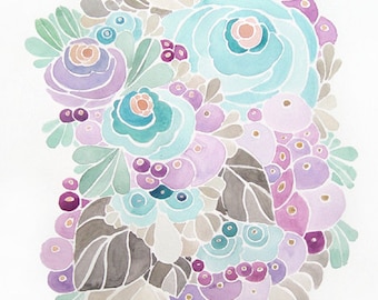 Flower Watercolor in turquoise, purple, and gray - Print