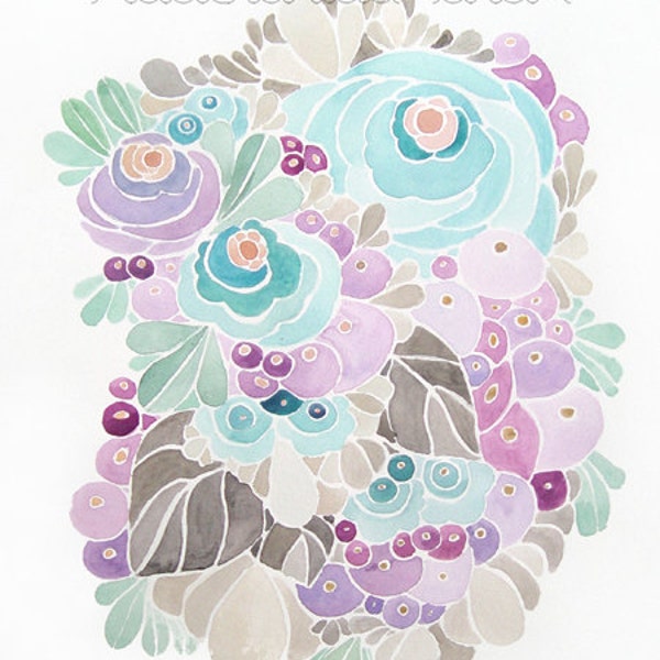 Acuarela floral en turquesa, morado y gris - Impresión