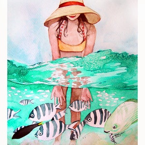 Tropical Fish and Girl Swimming Watercolor Painting Print image 1