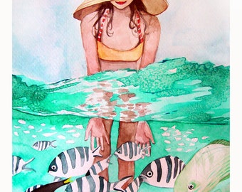 Aquarelle tropicale de natation de poissons et de fille - impression de peinture