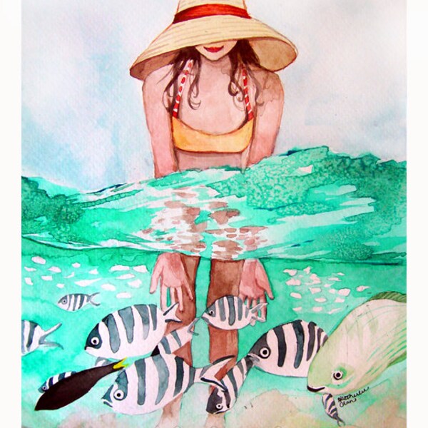 Pescado tropical y niña natación acuarela - impresión de pintura