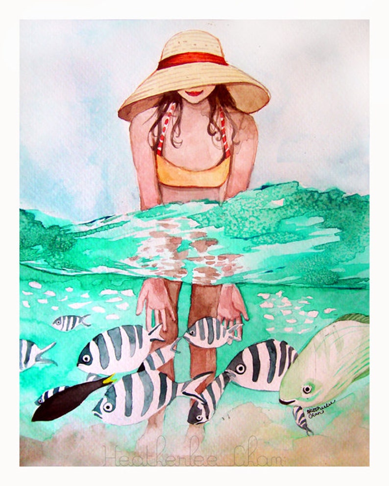 Tropical Fish and Girl Swimming Watercolor Painting Print image 1