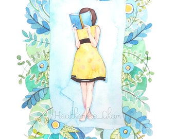 The Reader in Blue, Green, and Yellow - Watercolor Print