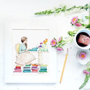 The Writer Girl and Typewriter Watercolor Art Painting Print image 2