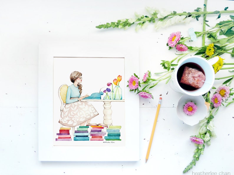 The Writer Girl and Typewriter Watercolor Art Painting Print image 2