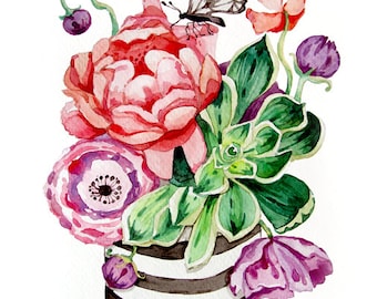 Succulent Watercolor Painting - Flowers - Print