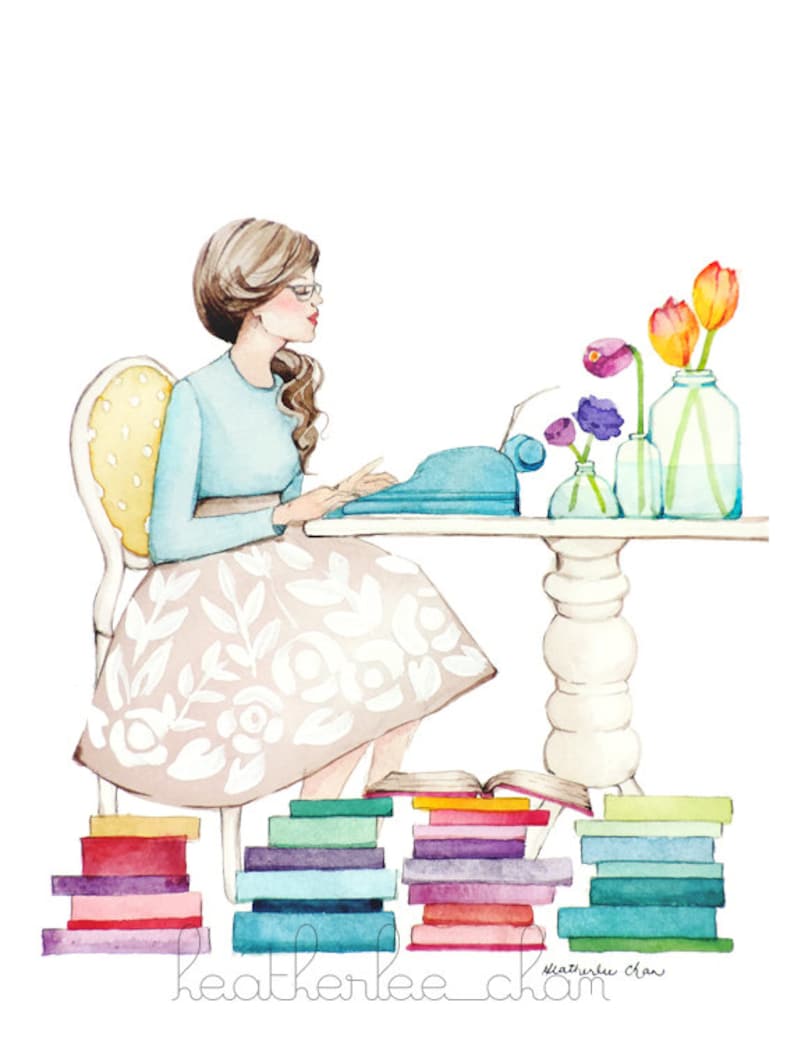 The Writer Girl and Typewriter Watercolor Art Painting Print image 1