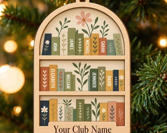 May include: An arched wooden ornament featuring three shelves of books with floral illustrations. The spines are printed with names including John, James, Michael, Sarah, Elizabeth, William, Jennher, and David. The text Your Club Name is at the bottom.