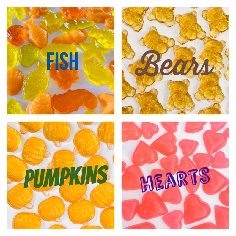 May include: Four sets of colorful gummy candies in the shapes of fish, bears, pumpkins, and hearts. The candies are arranged in a grid pattern on a white background.