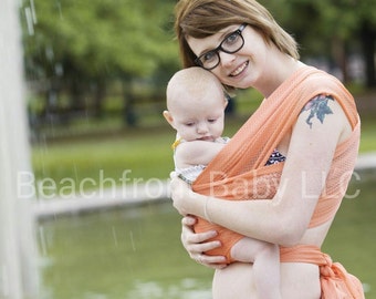 USA made Beachfront Baby Wrap Carrier- SAFE water babywearing at the beach, pool, water park or in the shower- Coral Sea Mesh