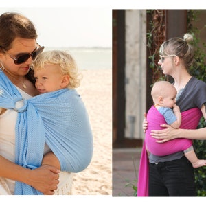 Puede incluir: Dos im&aacute;genes muestran portabeb&eacute;s. Uno es azul claro, con un anillo de metal, y el otro es rosa. Ambos portabeb&eacute;s se utilizan para llevar beb&eacute;s. Los portabeb&eacute;s parecen estar hechos de tela suave y transpirable.