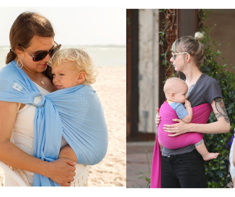 Puede incluir: Dos im&aacute;genes muestran portabeb&eacute;s. Uno es azul claro, con un anillo de metal, y el otro es rosa. Ambos portabeb&eacute;s se utilizan para llevar beb&eacute;s. Los portabeb&eacute;s parecen estar hechos de tela suave y transpirable.