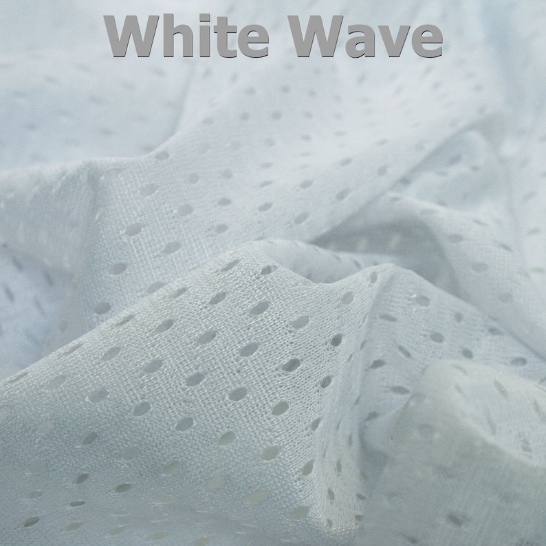 May include: White mesh fabric with a small, repeating pattern of holes. The fabric is light blue and has a soft, textured feel.