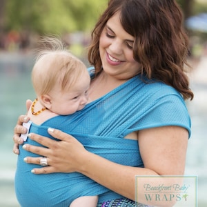 USA made Beachfront Baby Wrap Carrier SAFE water babywearing at the beach, pool, water park or in the shower Caribbean Blue Mesh image 1