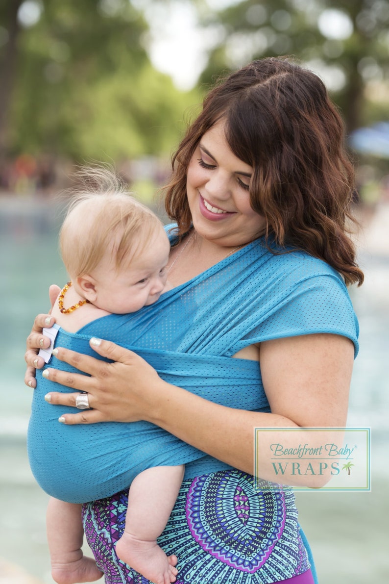 USA made Beachfront Baby Wrap Carrier SAFE water babywearing at the beach, pool, water park or in the shower Caribbean Blue Mesh image 1