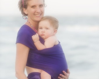 USA made Beachfront Baby Wrap Carrier- SAFE water babywearing at the beach, pool, water park or in the shower- Paradise Plum (Purple) Mesh