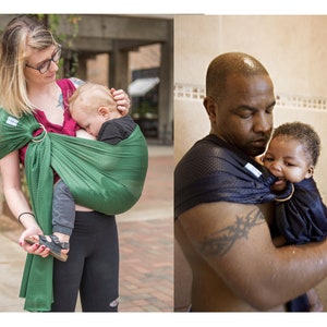 Puede incluir: Dos im&aacute;genes muestran a padres usando portabeb&eacute;s. Un portabeb&eacute;s es verde oscuro, el otro es azul marino. Ambos portabeb&eacute;s tienen un anillo y est&aacute;n hechos de un material de malla. Los portabeb&eacute;s se utilizan para sujetar a los beb&eacute;s.